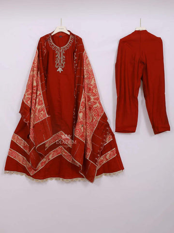 Red Semi Banarasi Straight Cut Salwar Suit Adorned with Floral Embroidery, paired with Dupatta - Diadem