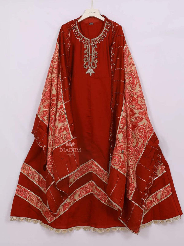 Red Semi Banarasi Straight Cut Salwar Suit Adorned with Floral Embroidery, paired with Dupatta - Diadem