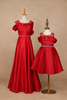 Bright Red Solid Design Organza Party Wear Gowns for Mother and Daughter