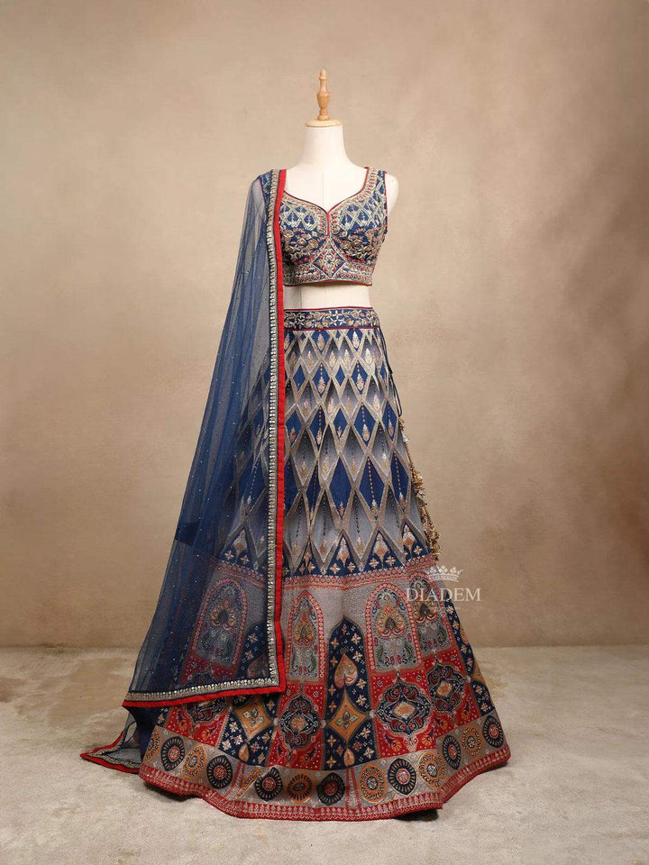 Navy Blue Silk Floral Embroidered Zari Work Bridal Lehenga - Diadem