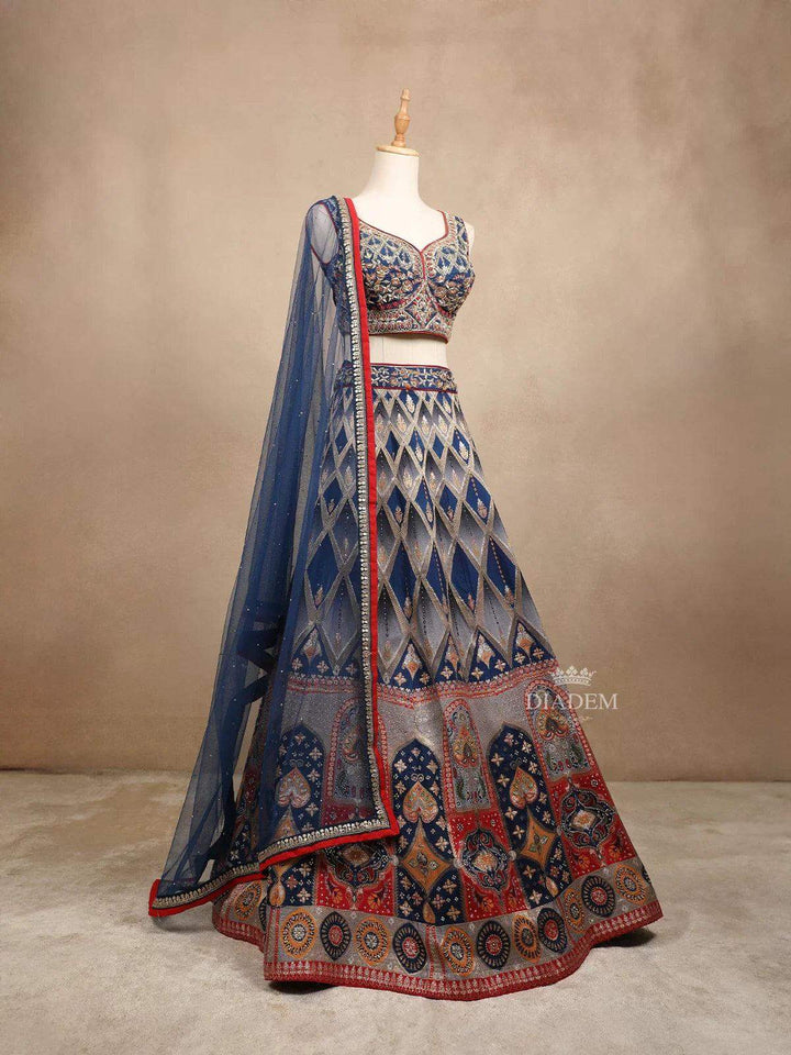 Navy Blue Silk Floral Embroidered Zari Work Bridal Lehenga - Diadem