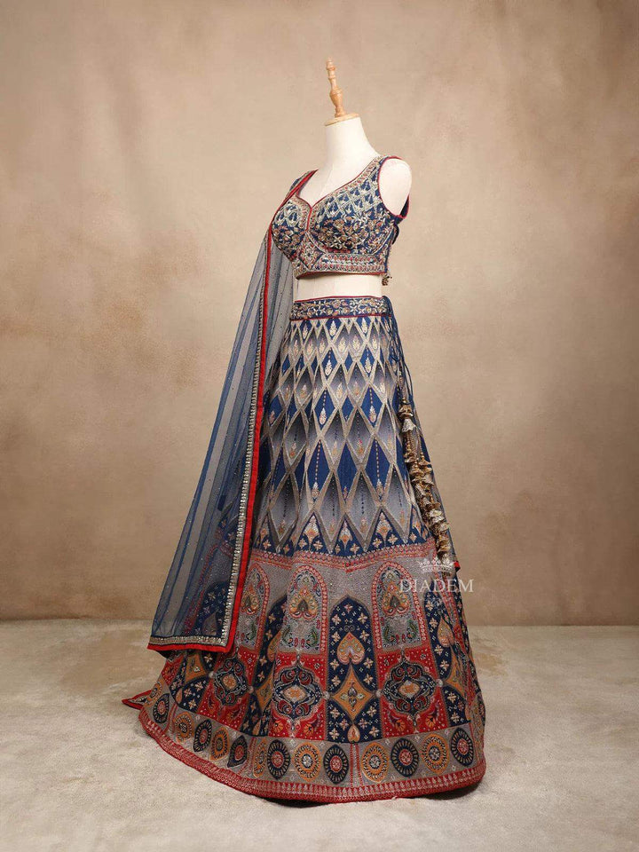 Navy Blue Silk Floral Embroidered Zari Work Bridal Lehenga - Diadem