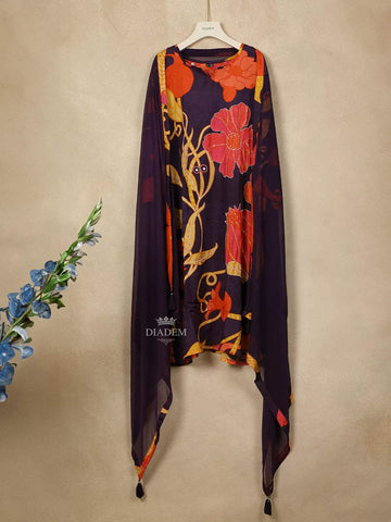 Dark Blue Crepe Straight Cut Salwar Suit Adorned with Flower prints, Paired with Dupatta - Diadem