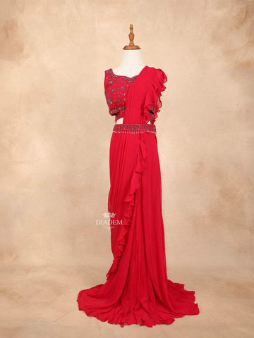 Red Chiffon Ready to Wear Saree with Plain Body Paired with Designer Blouse and Waist Belt - Diadem