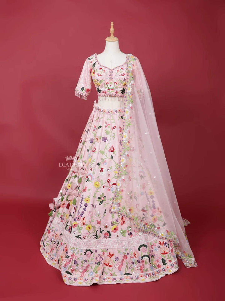 Light Pink Silk Lehenga Adorned with Threadwork Embroidery, Paired with Dupatta - Diadem