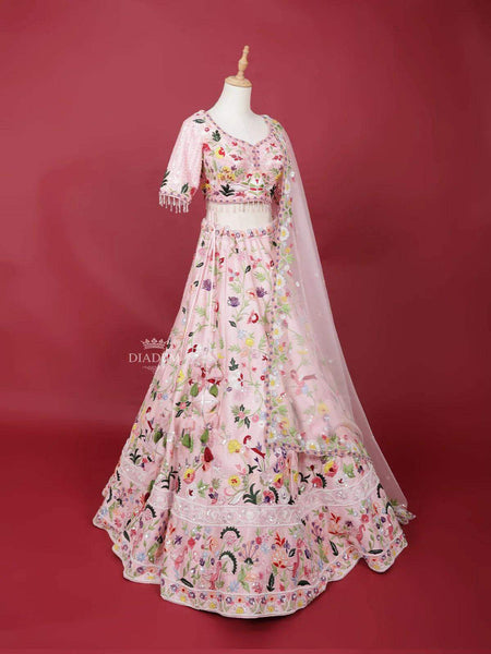 Light Pink Silk Lehenga Adorned with Threadwork Embroidery, Paired with Dupatta - Diadem