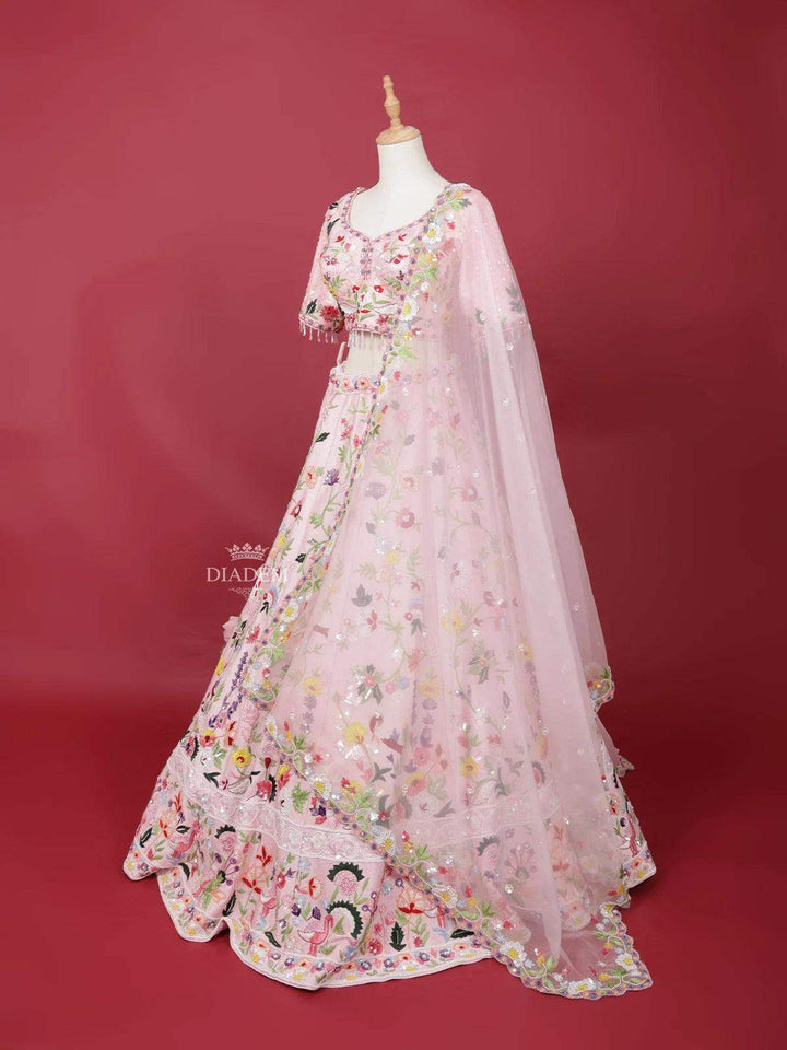 Light Pink Silk Lehenga Adorned with Threadwork Embroidery, Paired with Dupatta - Diadem