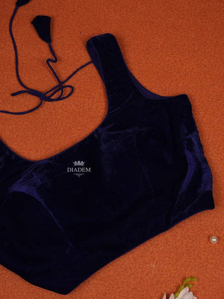 Navy Blue Velvet Readymade Blouse Adorned with Plain and Sleeveless Design - Diadem