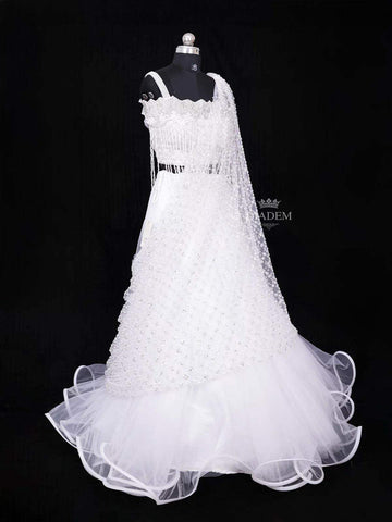 White Net Lehenga Embellished with Sequins and Beads paired with Dupatta - Diadem