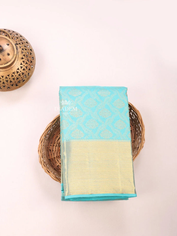 Aqua Blue Pure Kanchipuram Bridal Silk Saree with Zari Brocade on the body and Zari Border - Diadem