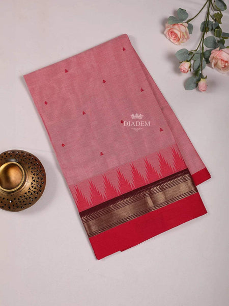 Light Pink Cotton Saree with Small Flower Design on the Body and Matching Border - Diadem