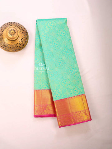 Aqua Green Pure Kanchipuram Bridal Silk Saree with Zari Brocade on the body and Contrast Zari Border - Diadem