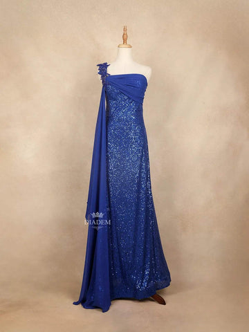 Blue with Sequins, Beads, 3D Flower and One Side Sleeve Gown - Diadem