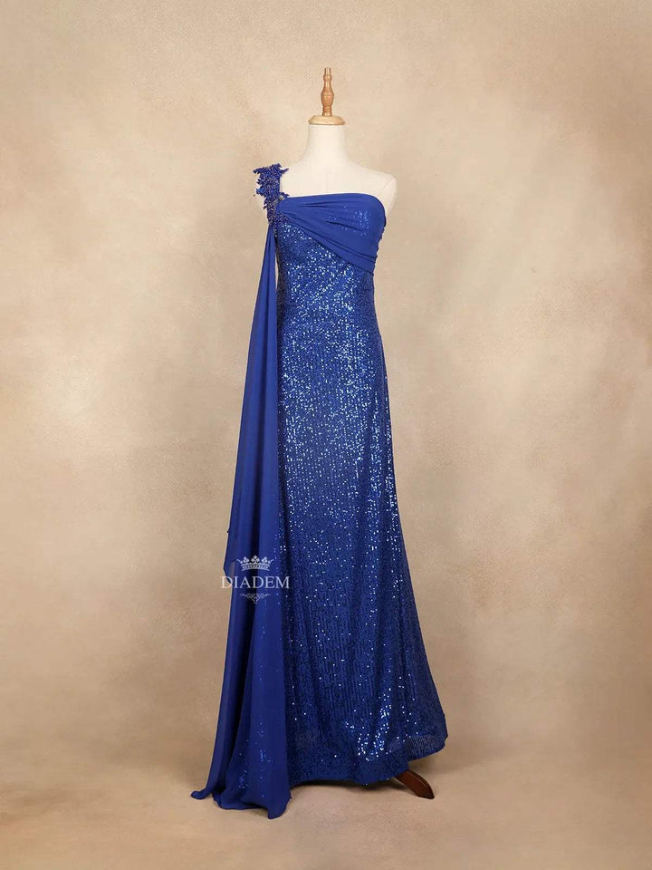 Blue with Sequins, Beads, 3D Flower and One Side Sleeve Gown - Diadem