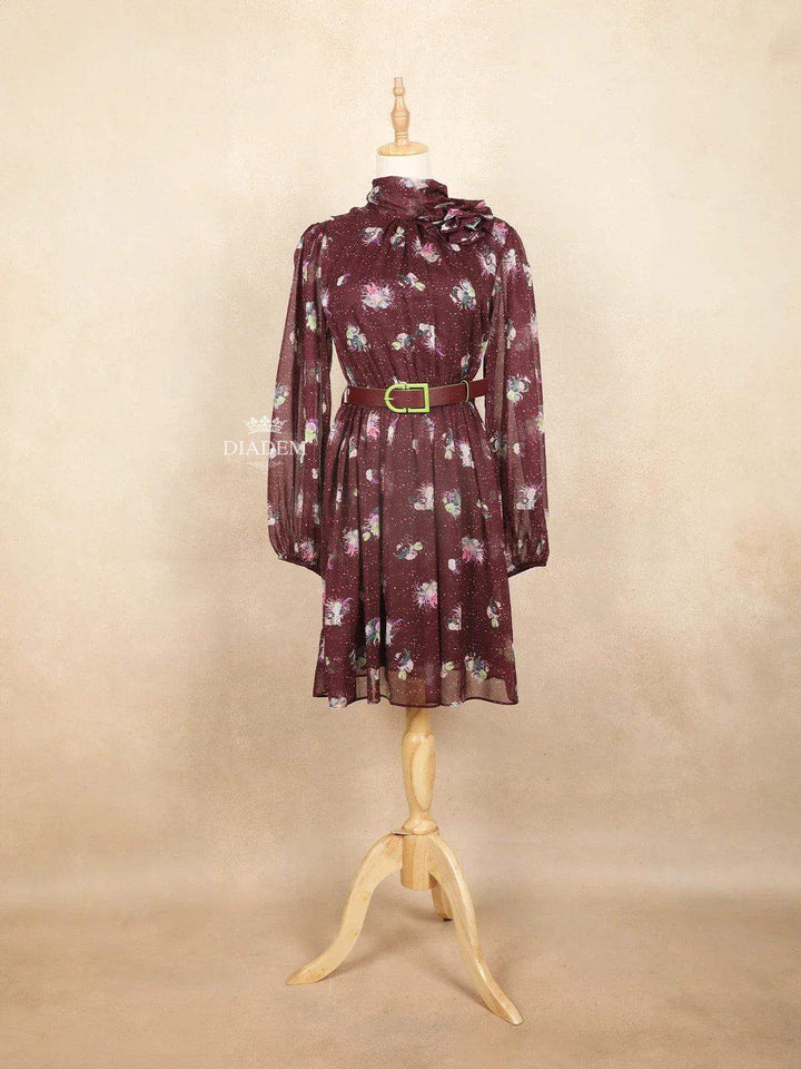 Burgundy Short Kurti Top Adorned with Printed Dot and Floral Design with Waist Belt - Diadem