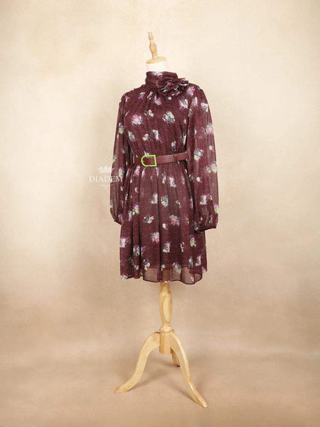 Burgundy Short Kurti Top Adorned with Printed Dot and Floral Design with Waist Belt - Diadem