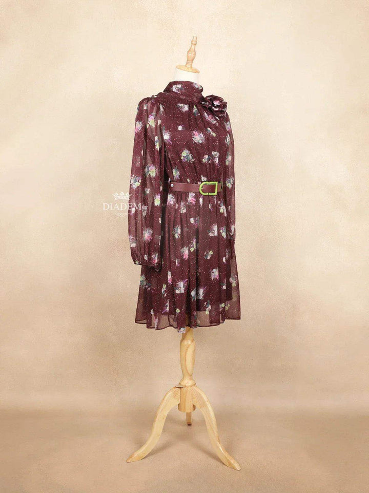 Burgundy Short Kurti Top Adorned with Printed Dot and Floral Design with Waist Belt - Diadem