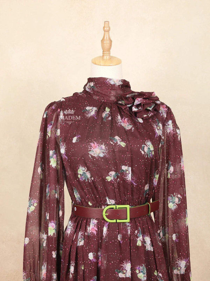 Burgundy Short Kurti Top Adorned with Printed Dot and Floral Design with Waist Belt - Diadem