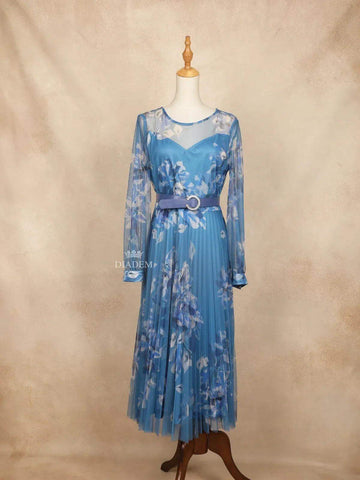 Blue Net Kurti Top Adorned with Pleated Floral Design - Diadem