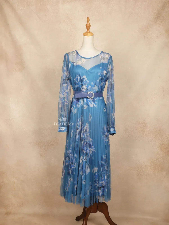 Blue Net Kurti Top Adorned with Pleated Floral Design - Diadem