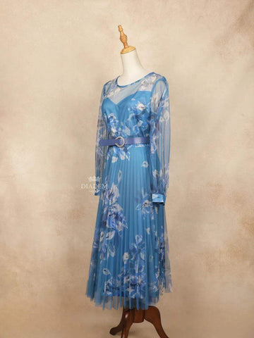 Blue Net Kurti Top Adorned with Pleated Floral Design - Diadem