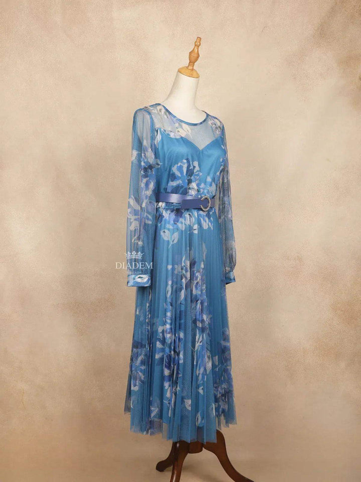 Blue Net Kurti Top Adorned with Pleated Floral Design - Diadem