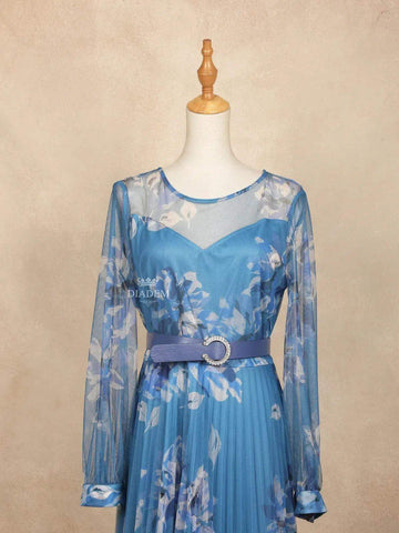 Blue Net Kurti Top Adorned with Pleated Floral Design - Diadem