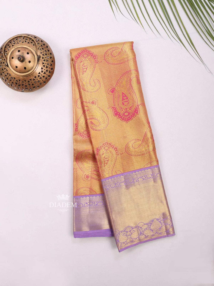 Yellow with Rose Pure Kanchipuram Bridal Silk Saree with Floral Motif on the body and Zari Border - Diadem