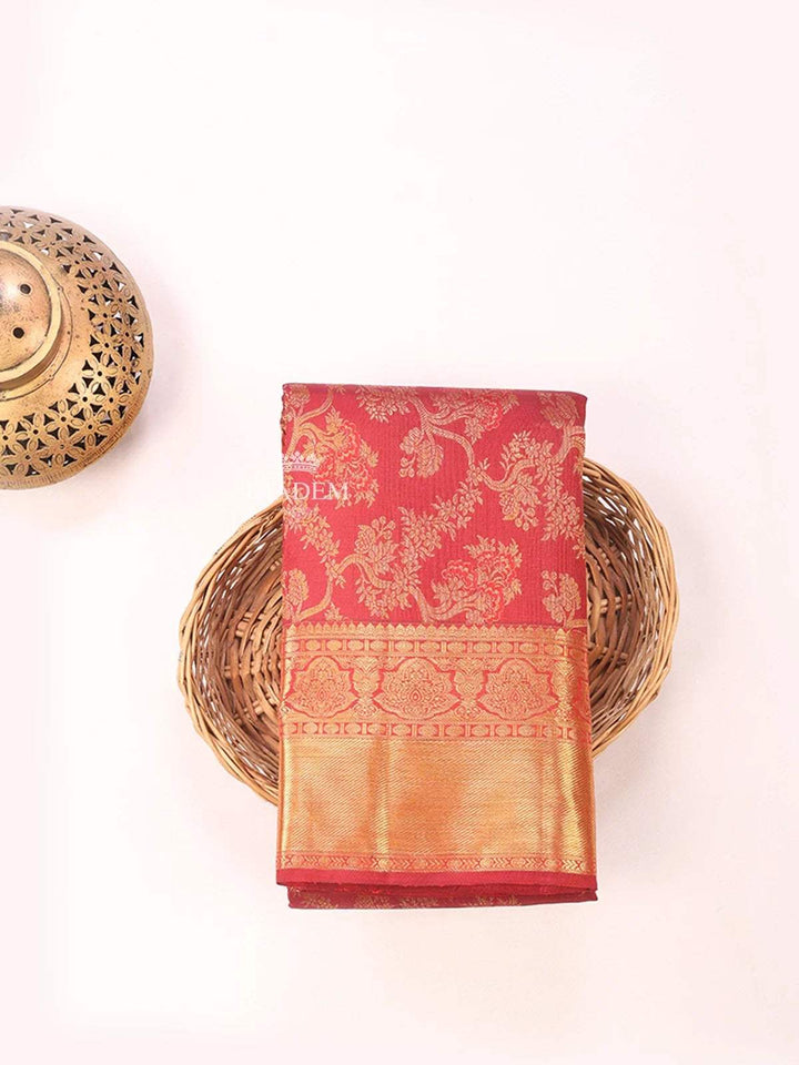 Red Pure Kanchipuram Bridal Silk Saree with Floral Motif on the body and Zari Border - Diadem