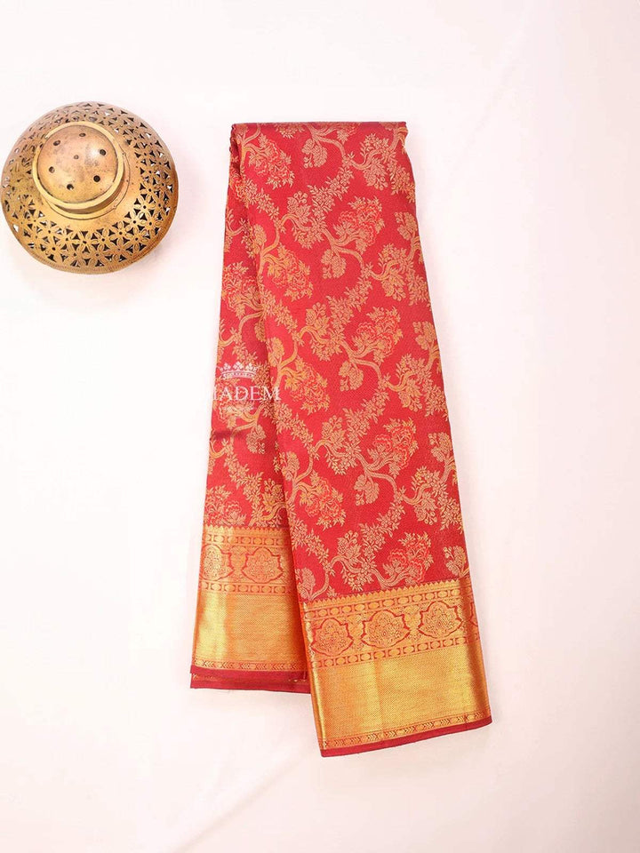 Red Pure Kanchipuram Bridal Silk Saree with Floral Motif on the body and Zari Border - Diadem