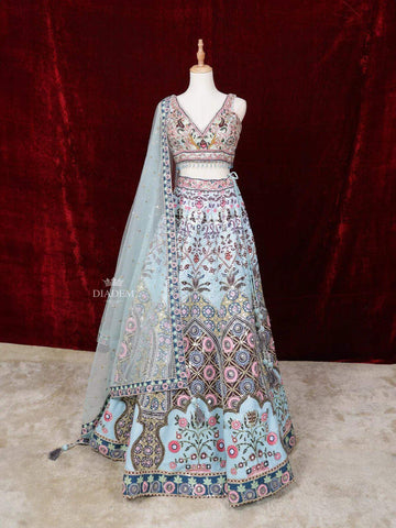 Light Blue Silk Floral Printed Embroidered Bridal Lehenga - Diadem