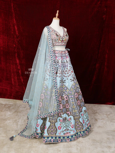 Light Blue Silk Floral Printed Embroidered Bridal Lehenga - Diadem