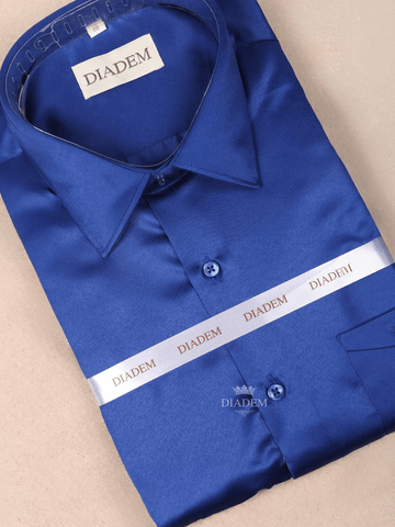 Royal Blue Satin Plain Full Sleeve Shirt - Diadem