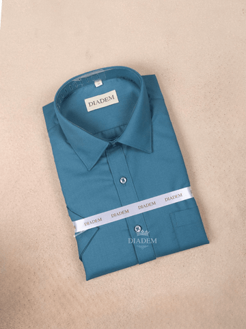 Teal Blue Cotton Checked Half Sleeve Shirt - Diadem