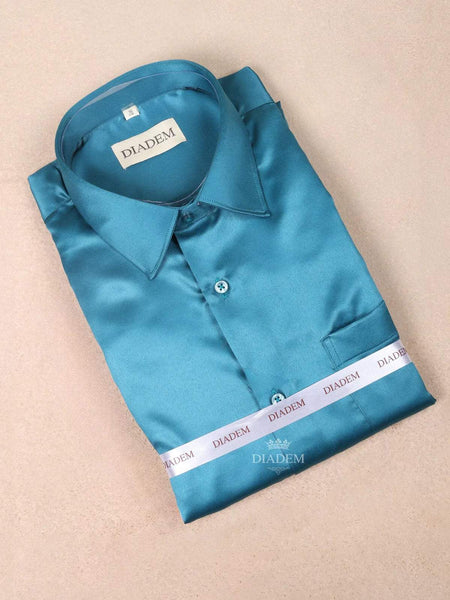 Teal Green Satin Plain Full Sleeve Shirt - Diadem