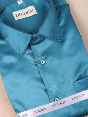 Teal Green Satin Plain Full Sleeve Shirt - Diadem