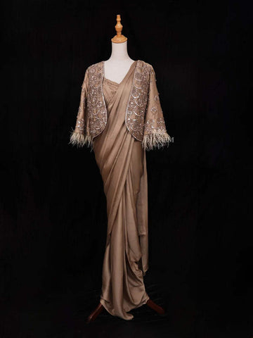 Brown Satin Ready to Wear Saree with Plain Body Paired with Designer Blouse and Overcoat - Diadem