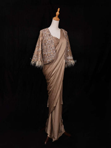 Brown Satin Ready to Wear Saree with Plain Body Paired with Designer Blouse and Overcoat - Diadem