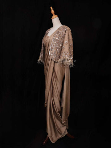 Brown Satin Ready to Wear Saree with Plain Body Paired with Designer Blouse and Overcoat - Diadem