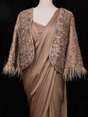 Brown Satin Ready to Wear Saree with Plain Body Paired with Designer Blouse and Overcoat - Diadem