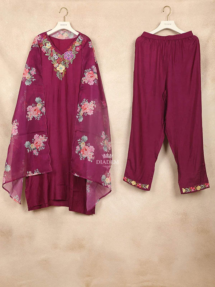 Maroon Straight Cut Salwar Suit for Women Adorned with Embroidery and Crane Design with Dupatta - Diadem