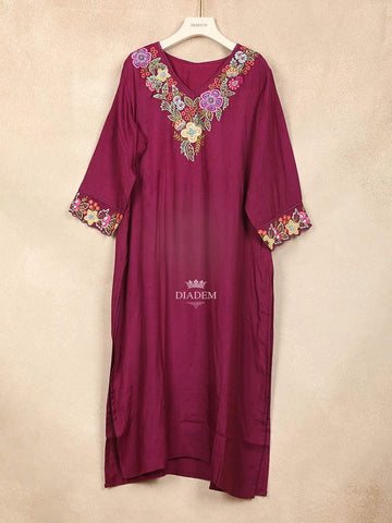 Maroon Straight Cut Salwar Suit for Women Adorned with Embroidery and Crane Design with Dupatta - Diadem