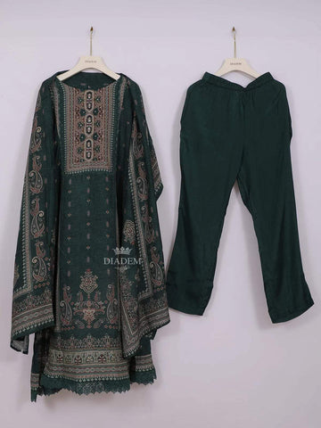 Dark Green Cotton Straight Cut Salwar Suit Adorned with Paisley Prints, paired with Dupatta - Diadem