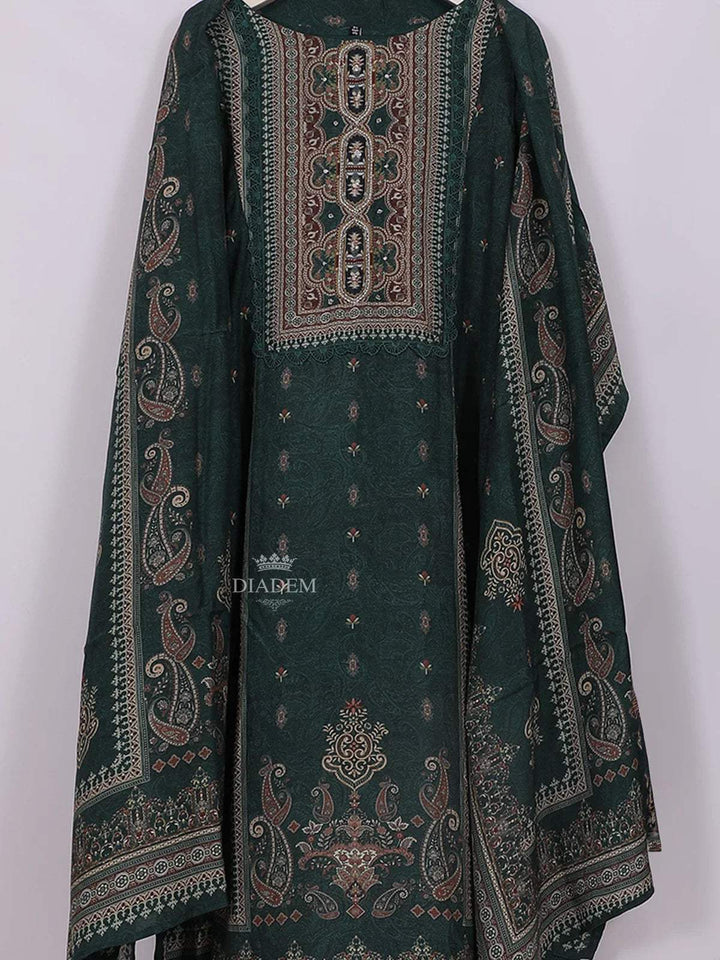 Dark Green Cotton Straight Cut Salwar Suit Adorned with Paisley Prints, paired with Dupatta - Diadem