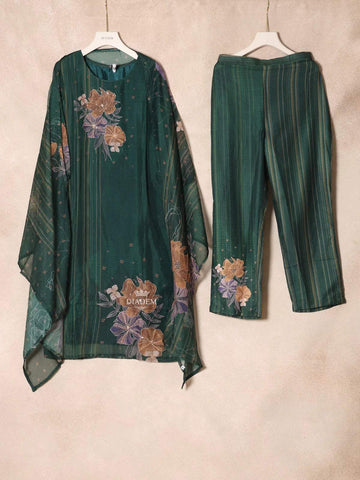 Green Organza Straight Cut Salwar Suit with Floral Prints and Embroidery Paired with Dupatta - Diadem