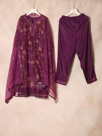 Purple Crepe Straight Cut Salwar Suit Adorned with Floral Prints and Thread work paired with Dupatta - Diadem