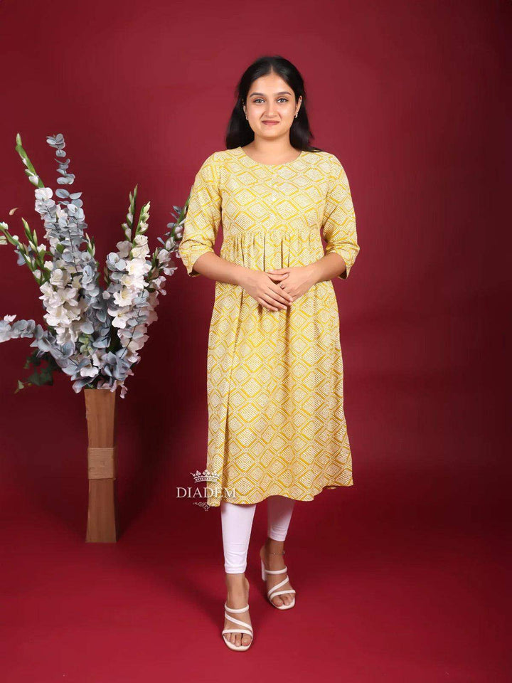 Mustard Yellow Cotton Kurti with Design Prints - Diadem