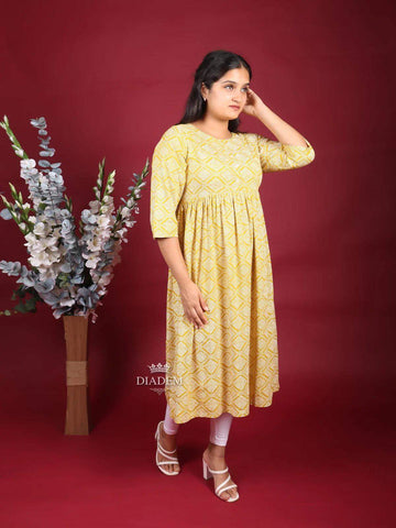 Mustard Yellow Cotton Kurti with Design Prints - Diadem