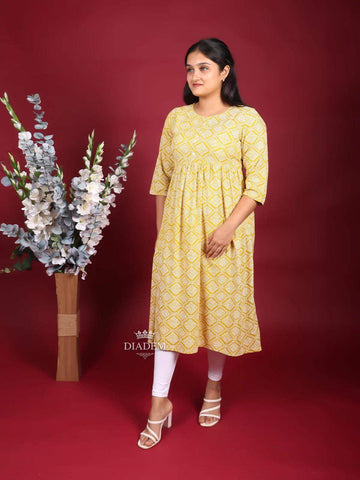 Mustard Yellow Cotton Kurti with Design Prints - Diadem