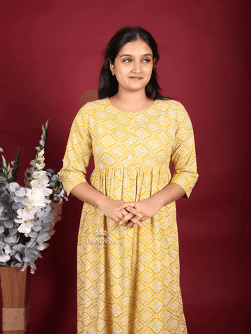 Mustard Yellow Cotton Kurti with Design Prints - Diadem